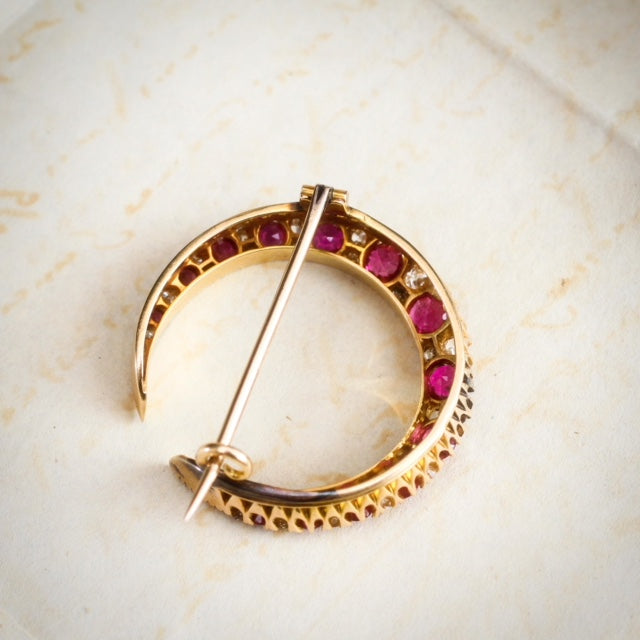 Antique Victorian Ruby & Diamond Crescent Brooch