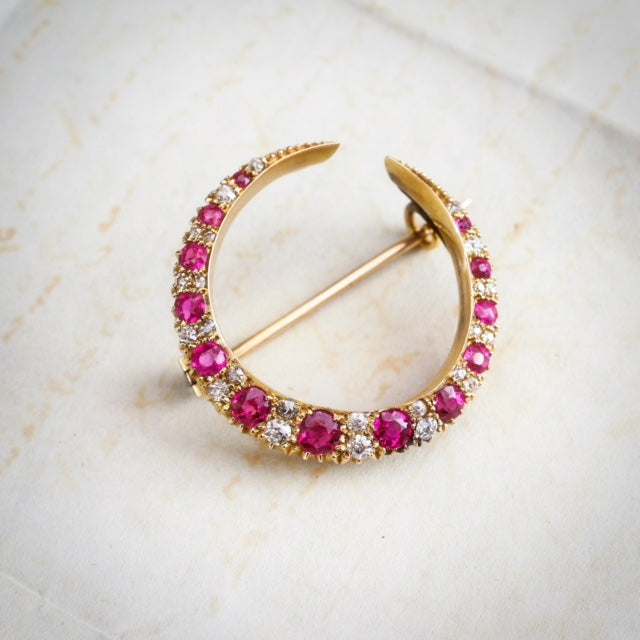 Antique Victorian Ruby & Diamond Crescent Brooch