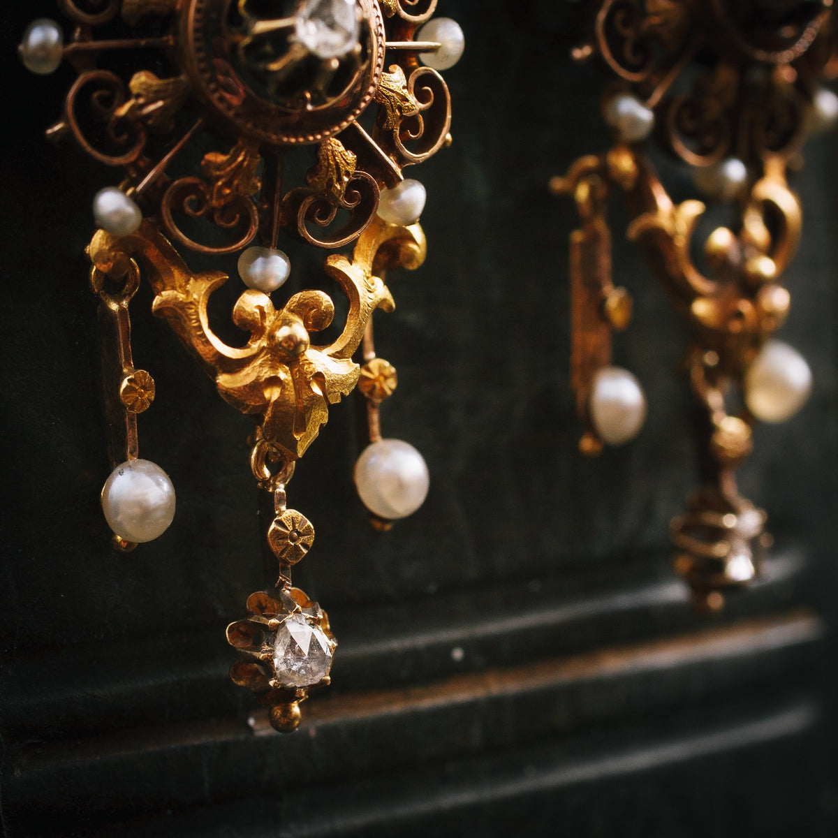 Antique Natural Pearl and Diamond Earrings