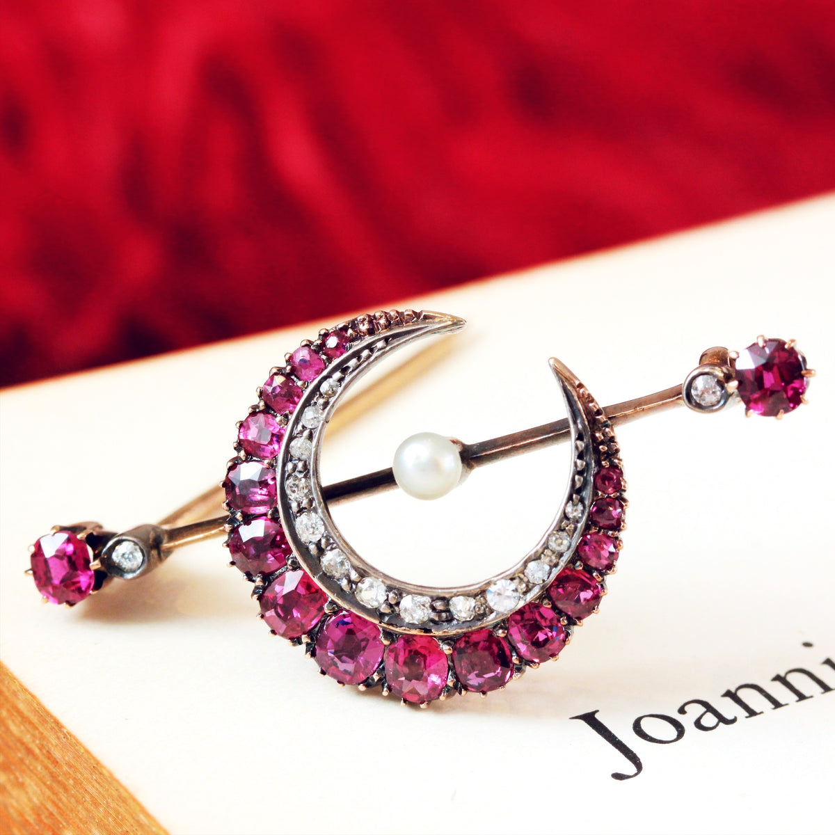 Victorian Ruby & Diamond Crescent Moon Brooch