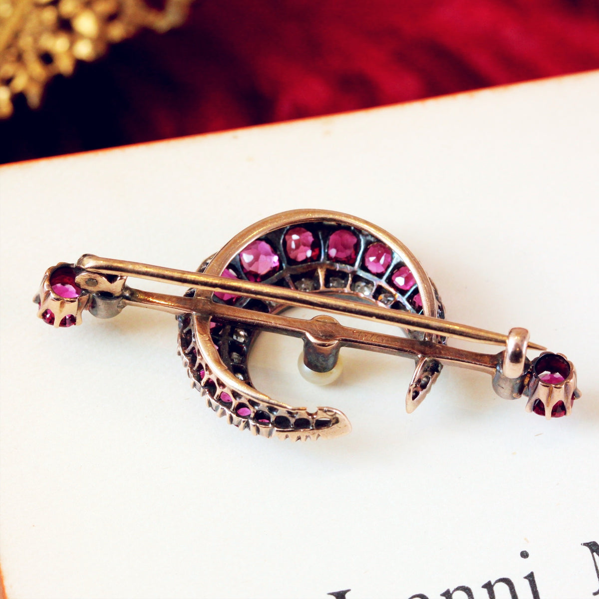 Victorian Ruby & Diamond Crescent Moon Brooch