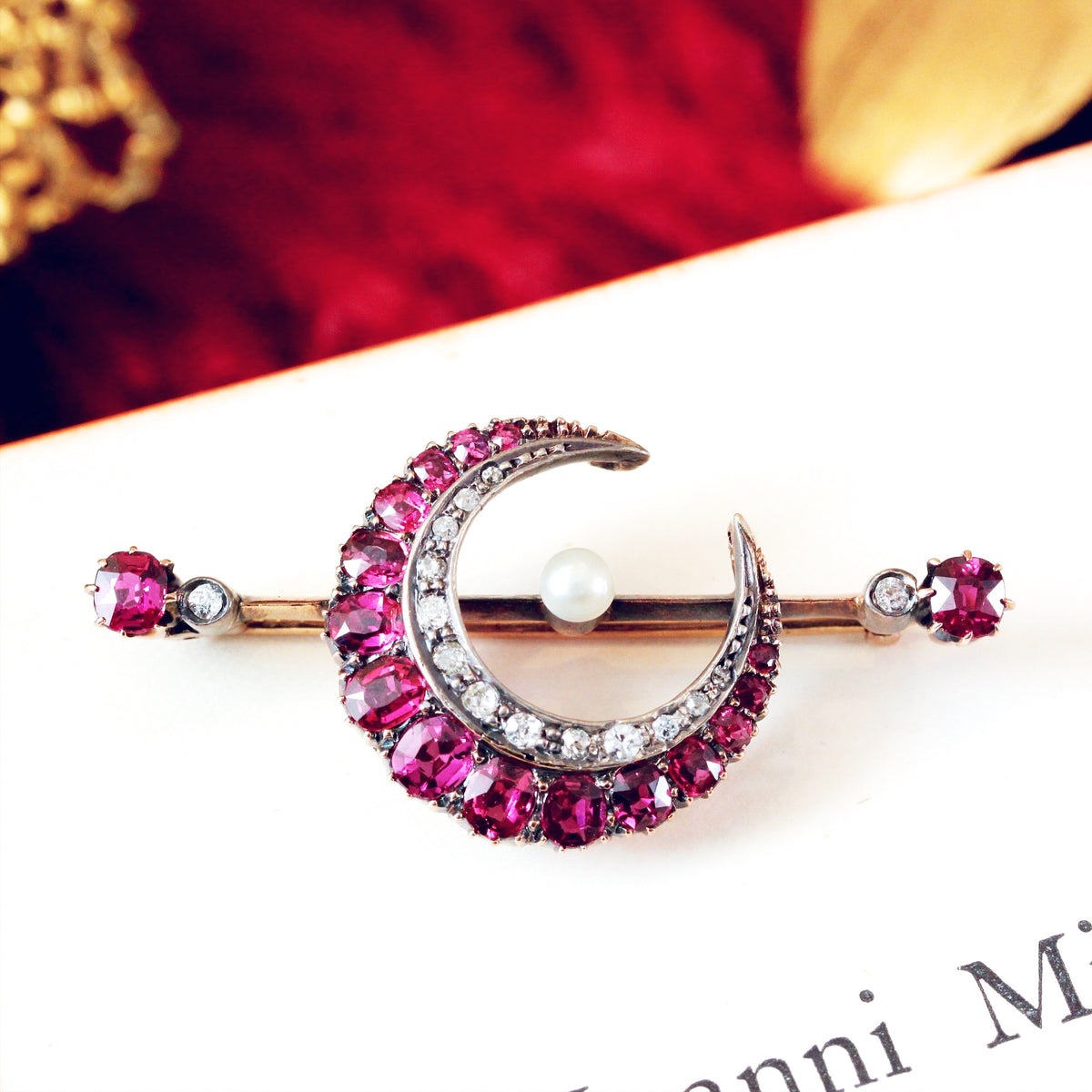 Victorian Ruby & Diamond Crescent Moon Brooch