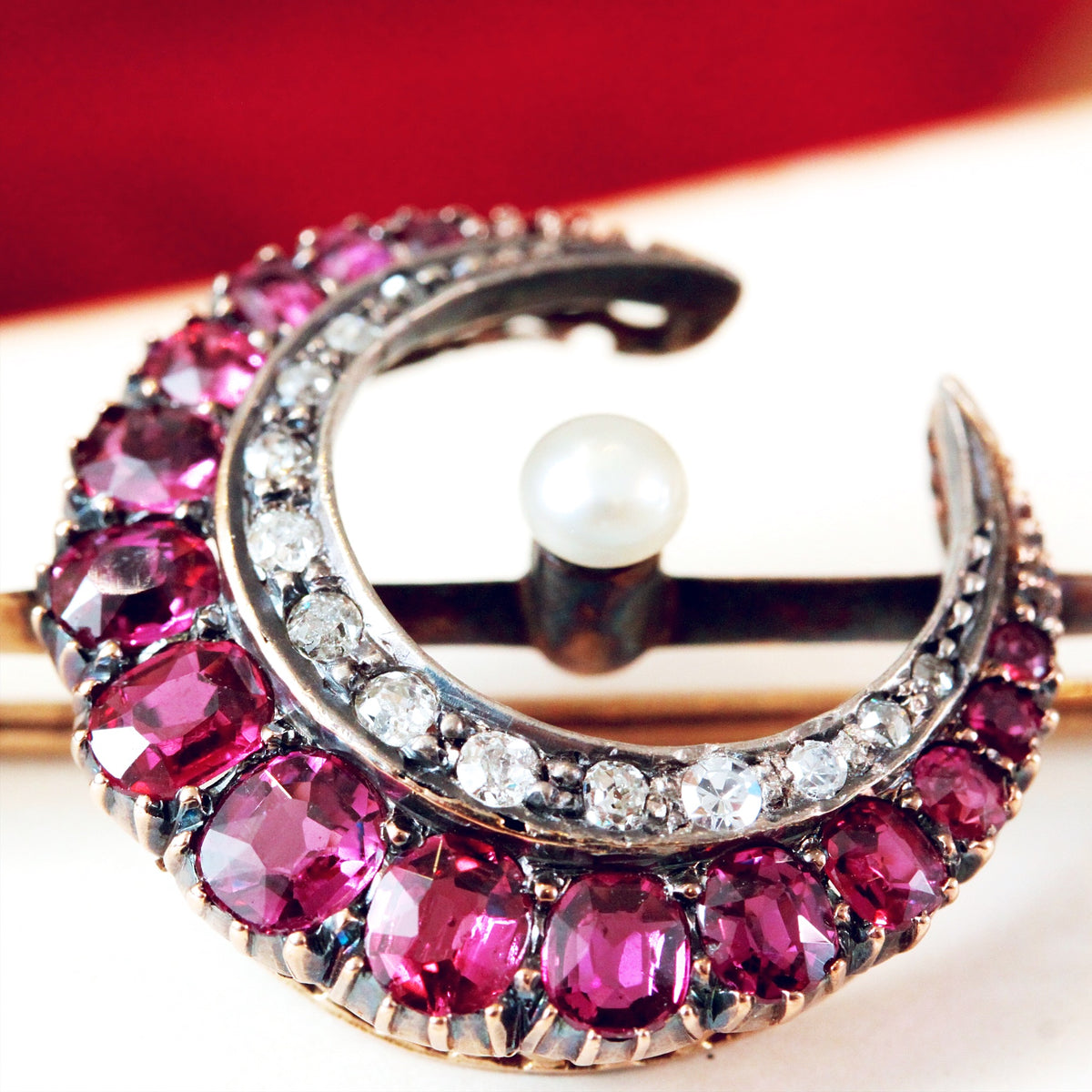 Antique Ruby and Diamond Crescent Moon Brooch