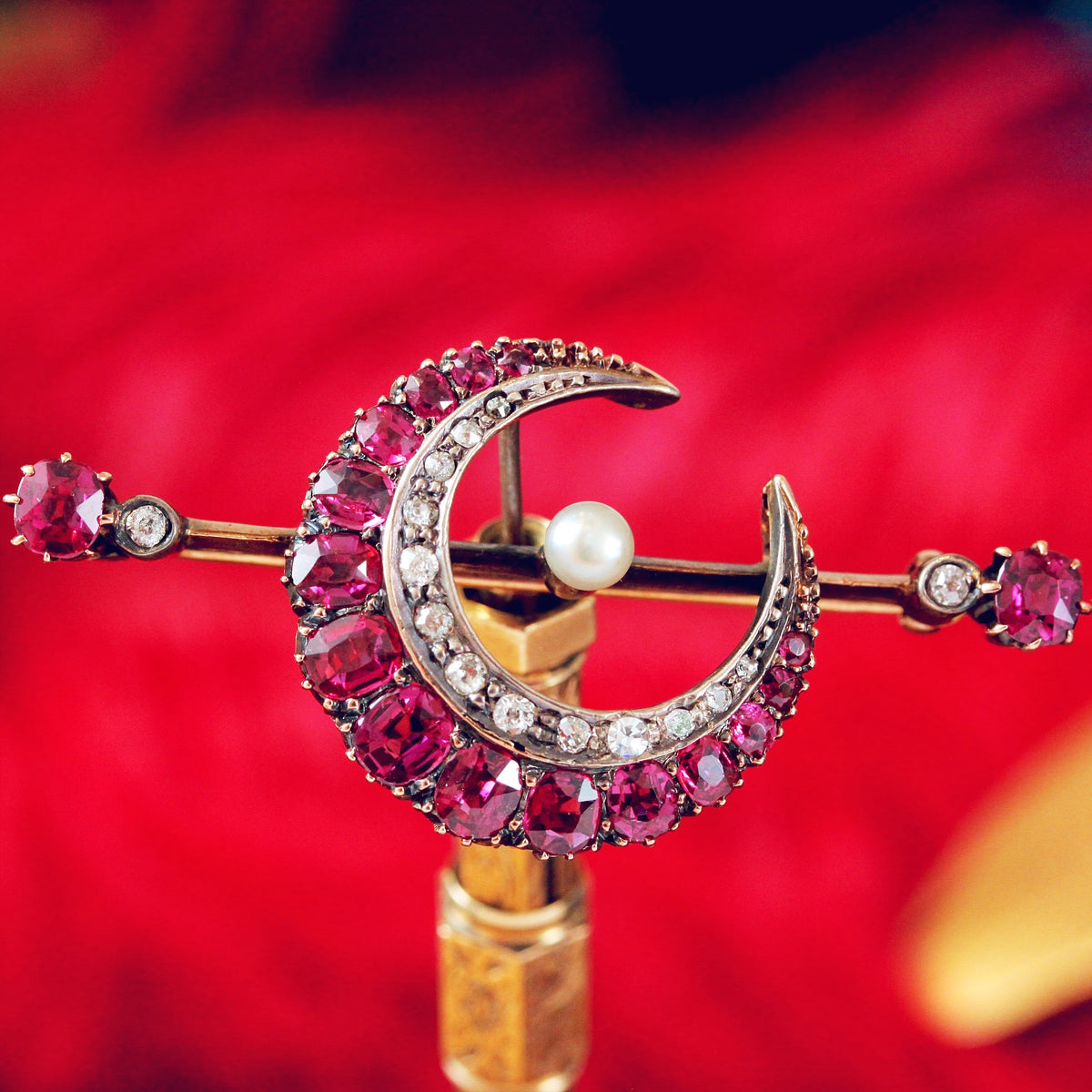 Victorian Ruby & Diamond Crescent Moon Brooch