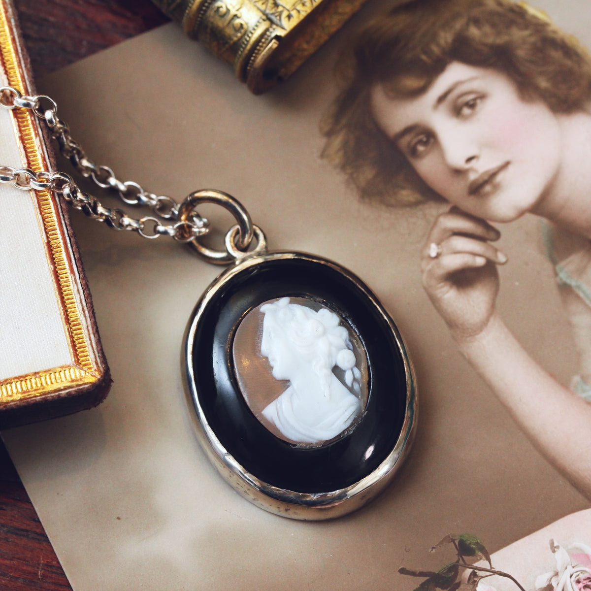 Antique Whitby Jet & Shell Cameo Pendant