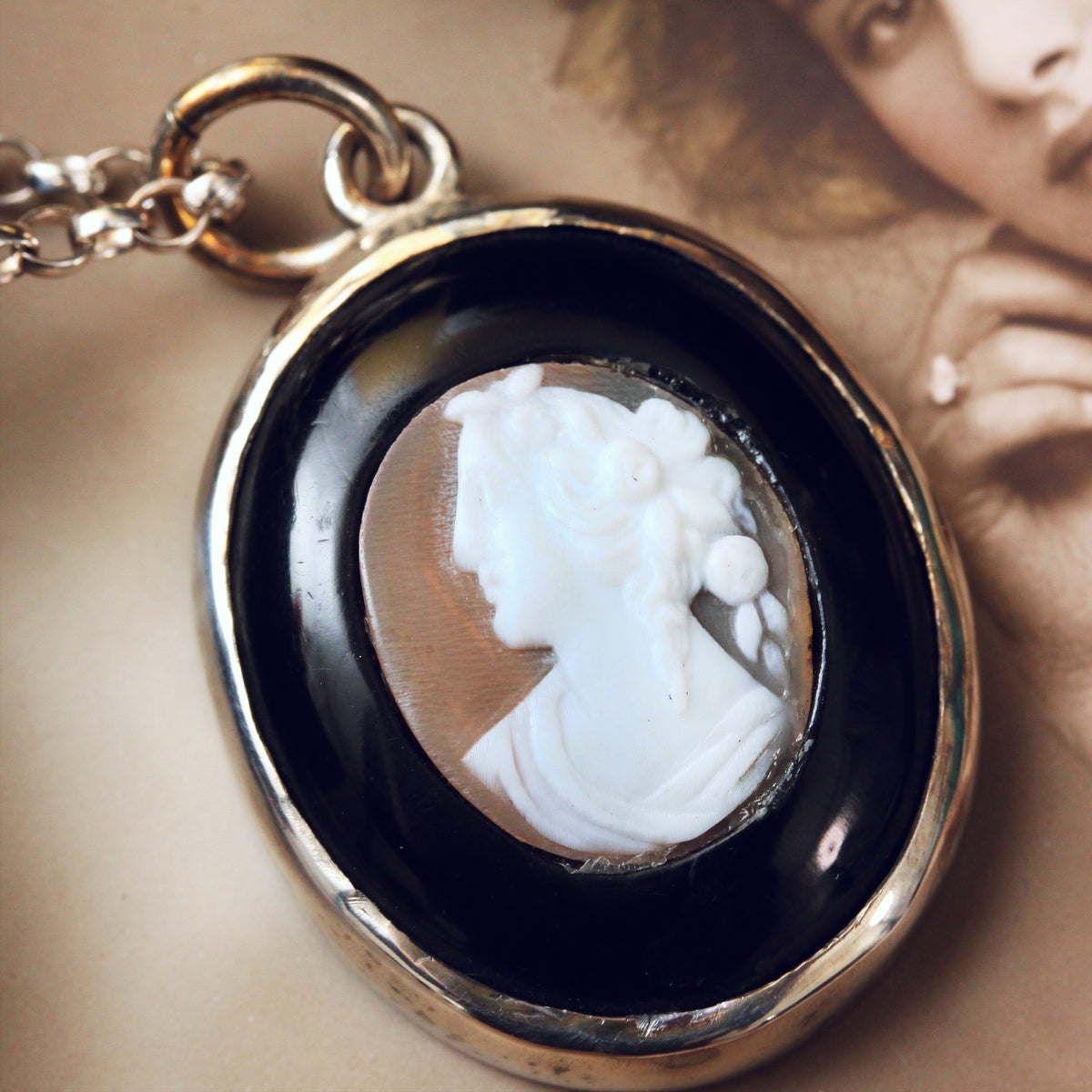 Antique Whitby Jet & Shell Cameo Pendant