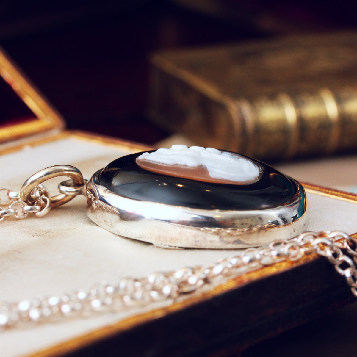 Antique Whitby Jet & Shell Cameo Pendant