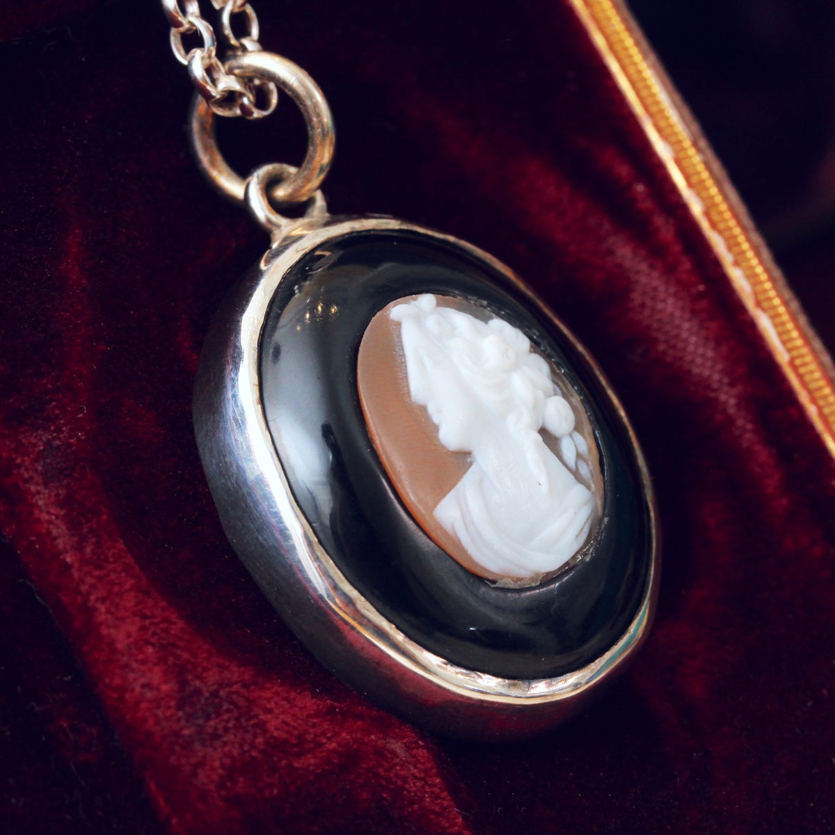 Antique Whitby Jet & Shell Cameo Pendant