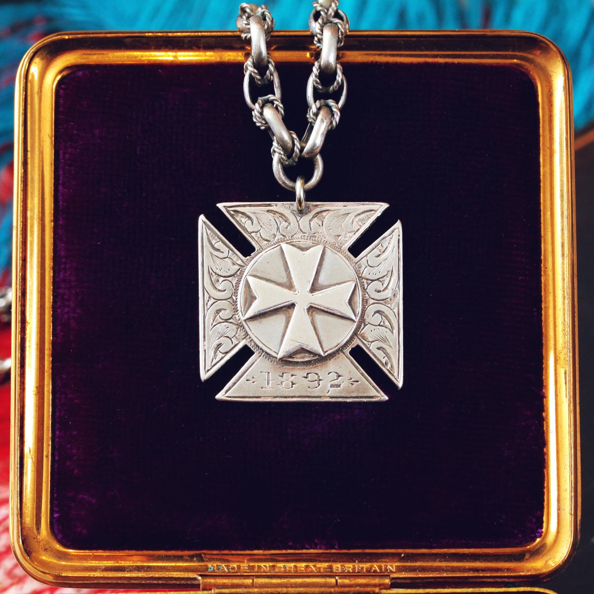 Date 1892 Victorian Silver Maltese Cross Medal & Chain